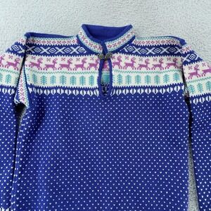 Stowe‎ Woolens Nordic Sweater Womens Small Blue Reindeer Pewter Clasp Made USA